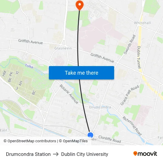 Drumcondra Station to Dublin City University map