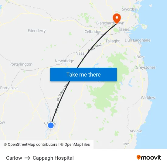 Carlow to Cappagh Hospital map