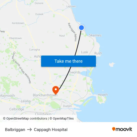 Balbriggan to Cappagh Hospital map