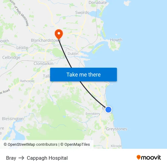 Bray to Cappagh Hospital map