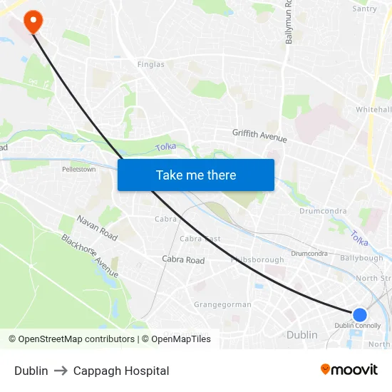 Dublin to Cappagh Hospital map