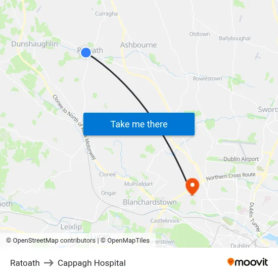 Ratoath to Cappagh Hospital map