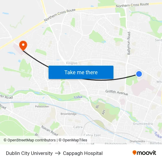 Dublin City University to Cappagh Hospital map