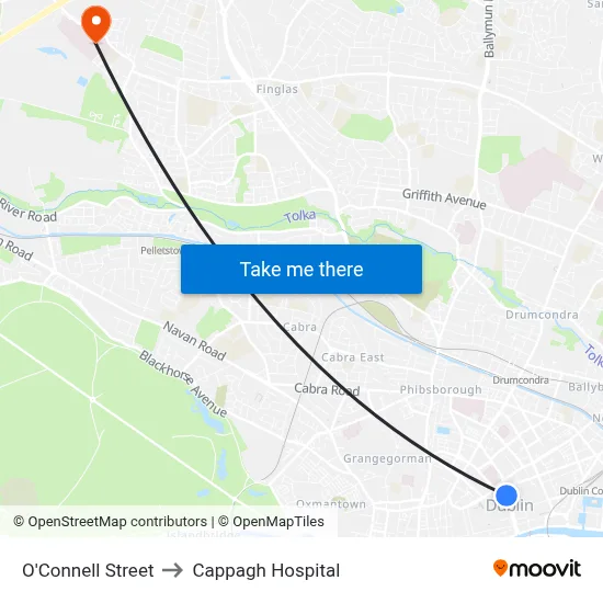 O'Connell Street to Cappagh Hospital map