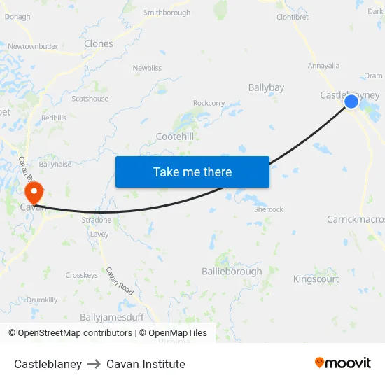 Castleblaney to Cavan Institute map