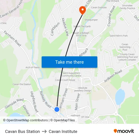 Cavan Bus Station to Cavan Institute map