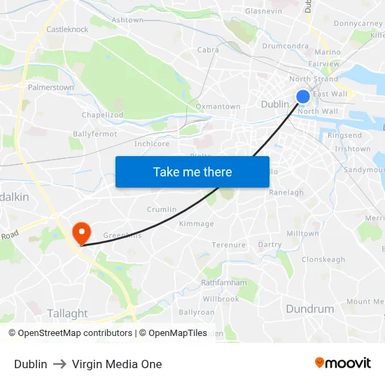 Dublin to Virgin Media One map