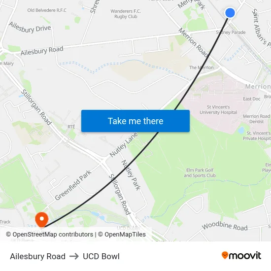 Ailesbury Road to UCD Bowl map