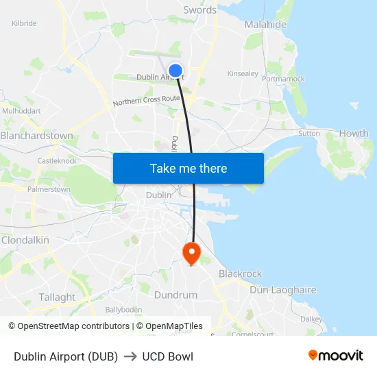 Dublin Airport (DUB) to UCD Bowl map