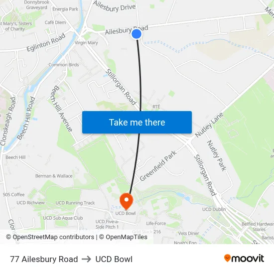 77 Ailesbury Road to UCD Bowl map