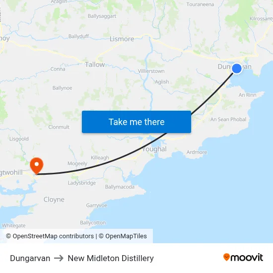 Dungarvan to New Midleton Distillery map