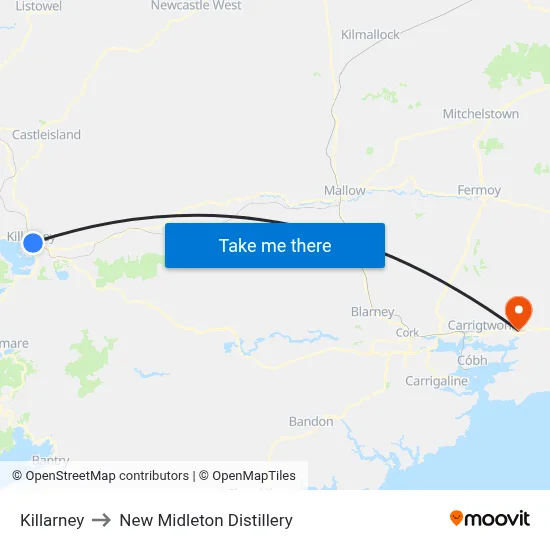 Killarney to New Midleton Distillery map