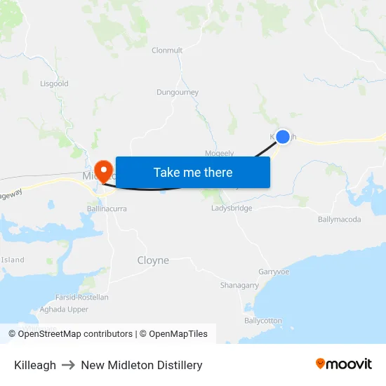 Killeagh to New Midleton Distillery map