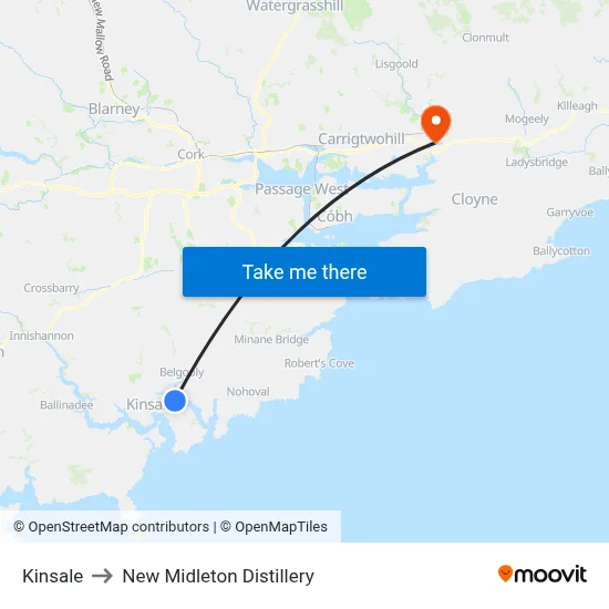 Kinsale to New Midleton Distillery map