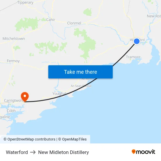 Waterford to New Midleton Distillery map