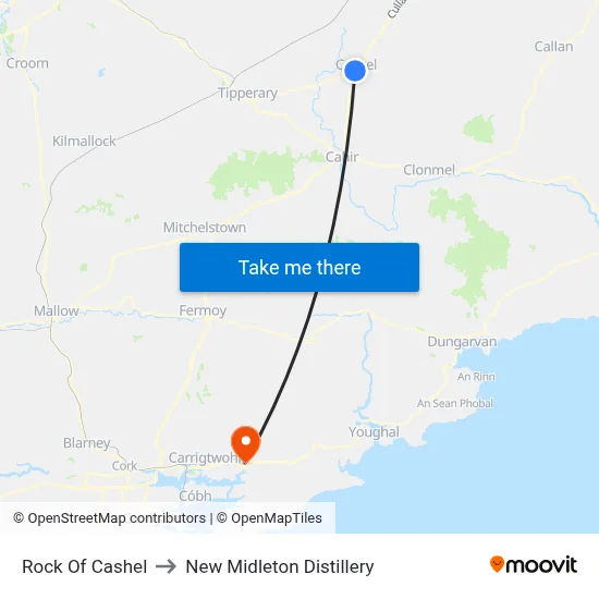 Rock Of Cashel to New Midleton Distillery map