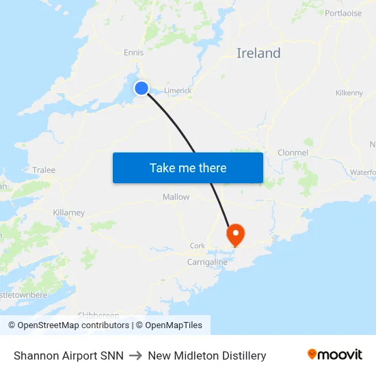 Shannon Airport SNN to New Midleton Distillery map