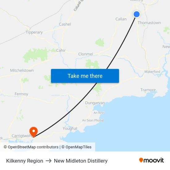 Kilkenny Region to New Midleton Distillery map