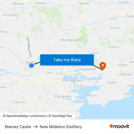 Blarney Castle to New Midleton Distillery map