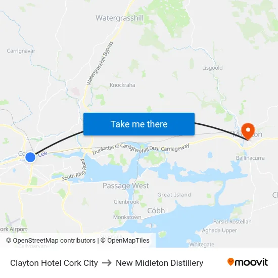 Clayton Hotel Cork City to New Midleton Distillery map