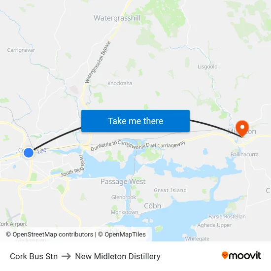 Cork Bus Stn to New Midleton Distillery map