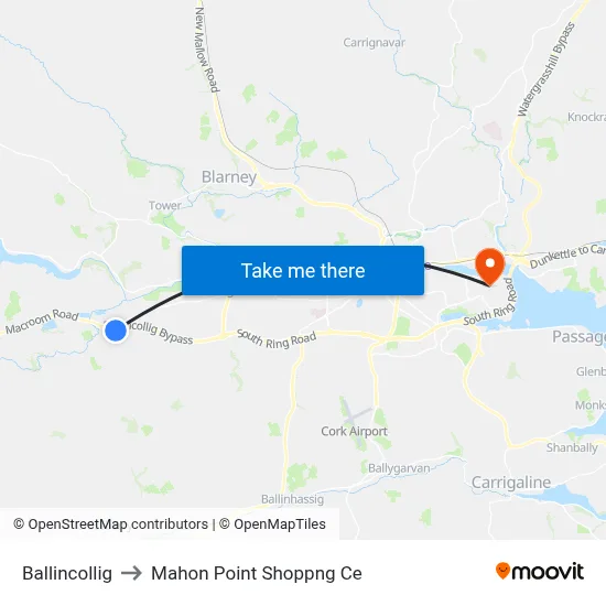 Ballincollig to Mahon Point Shoppng Ce map