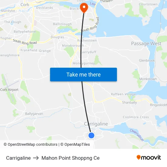 Carrigaline to Mahon Point Shoppng Ce map