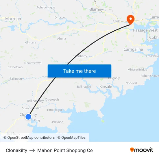 Clonakilty to Mahon Point Shoppng Ce map