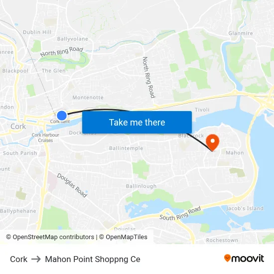 Cork to Mahon Point Shoppng Ce map