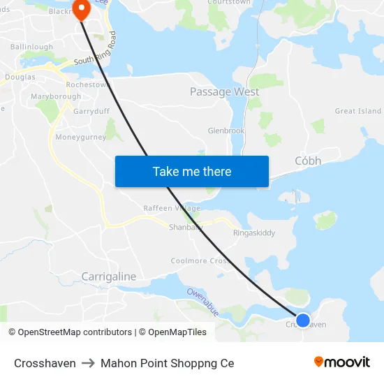 Crosshaven to Mahon Point Shoppng Ce map