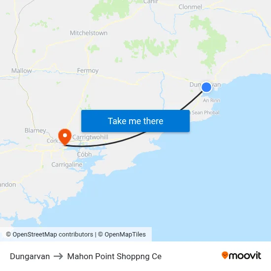 Dungarvan to Mahon Point Shoppng Ce map