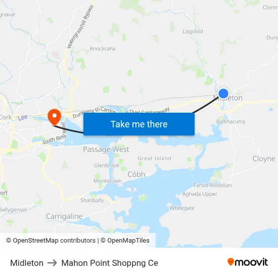 Midleton to Mahon Point Shoppng Ce map