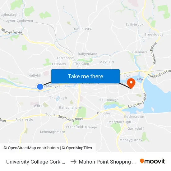 University College Cork Ble to Mahon Point Shoppng Ce map