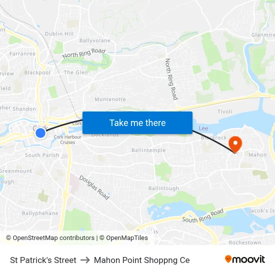St Patrick's Street to Mahon Point Shoppng Ce map