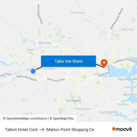 Talbot Hotel Cork to Mahon Point Shoppng Ce map