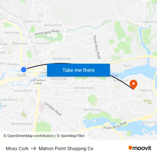 Moxy Cork to Mahon Point Shoppng Ce map