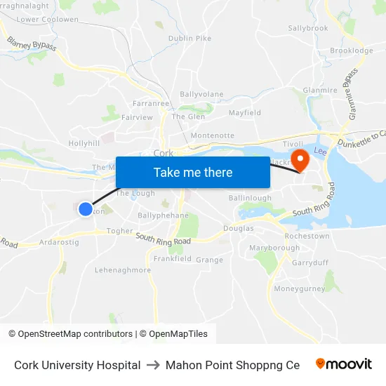 Cork University Hospital to Mahon Point Shoppng Ce map