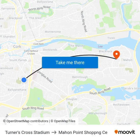 Turner's Cross Stadium to Mahon Point Shoppng Ce map