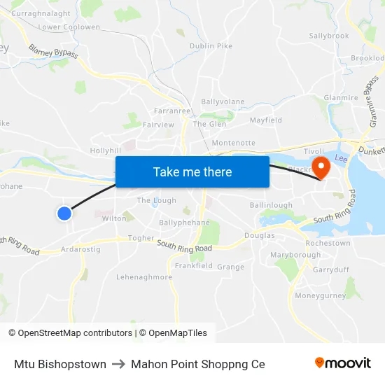 Mtu Bishopstown to Mahon Point Shoppng Ce map