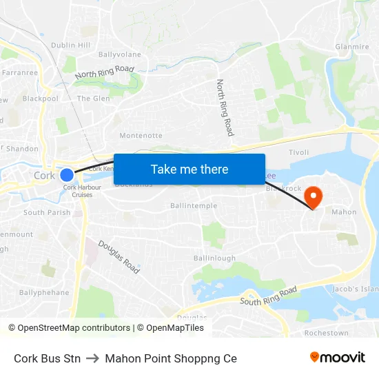 Cork Bus Stn to Mahon Point Shoppng Ce map