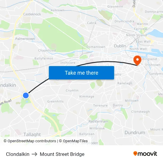 Clondalkin to Mount Street Bridge map
