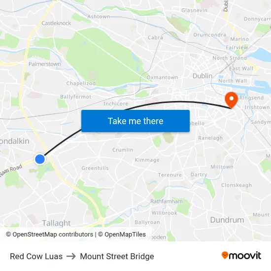Red Cow Luas to Mount Street Bridge map