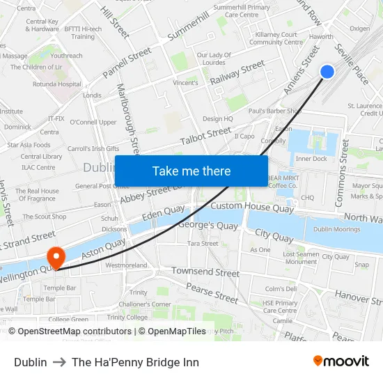 Dublin to The Ha'Penny Bridge Inn map