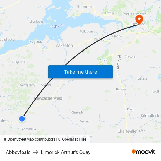 Abbeyfeale to Limerick Arthur's Quay map