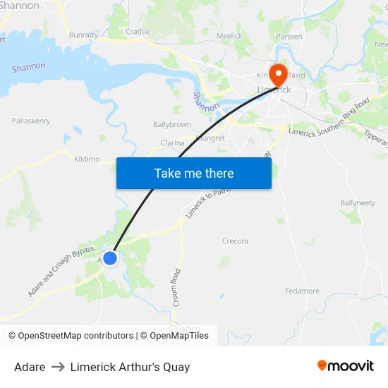 Adare to Limerick Arthur's Quay map