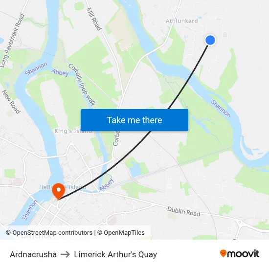 Ardnacrusha to Limerick Arthur's Quay map