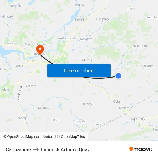 Cappamore to Limerick Arthur's Quay map
