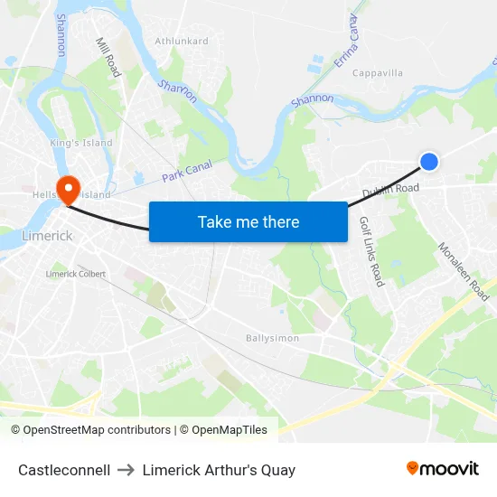 Castleconnell to Limerick Arthur's Quay map