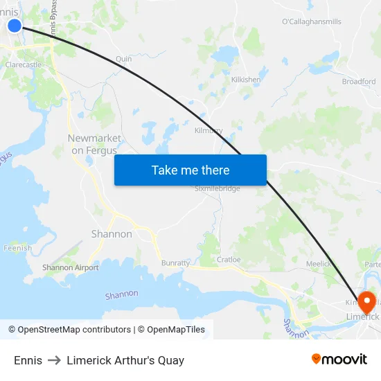 Ennis to Limerick Arthur's Quay map