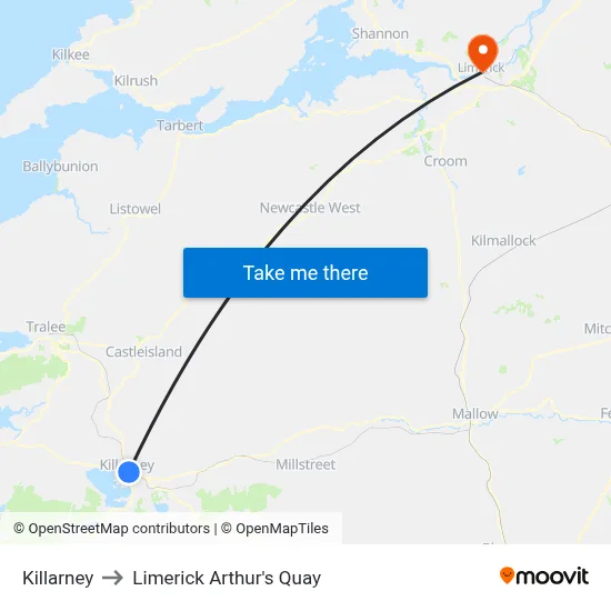 Killarney to Limerick Arthur's Quay map